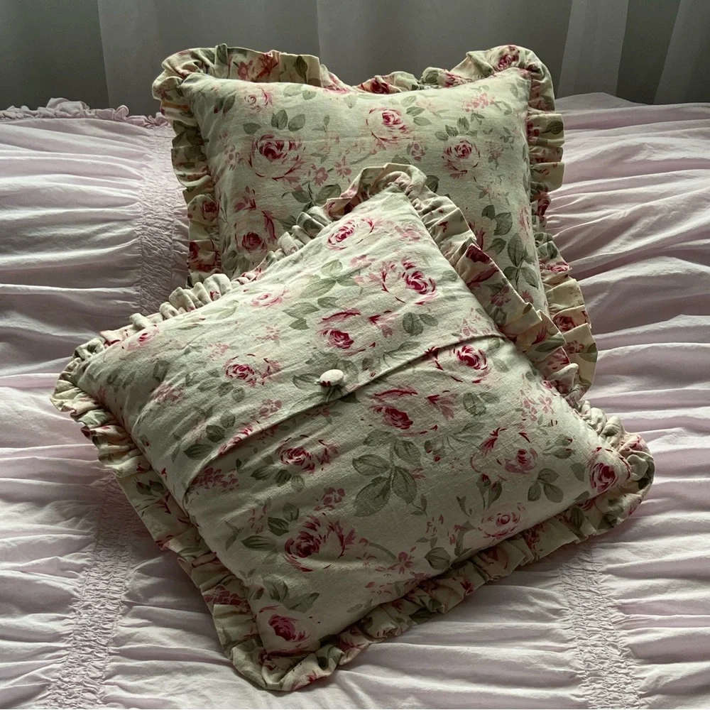 Simply Shabby Chic Rosalie Linen Blend Floral Roses Pillow Cover Pair Cream Pink - Picture 16 of 16